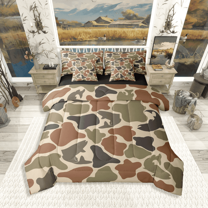 Manfei Fishing Hunting 7 Pieces Bedding Comforter Set,Abstract Camouflage Full Bedding Set Lightweight,Brown Green Fitted Sheet Flat Sheet,Microfiber Teens Bedroom Decor,Reversible