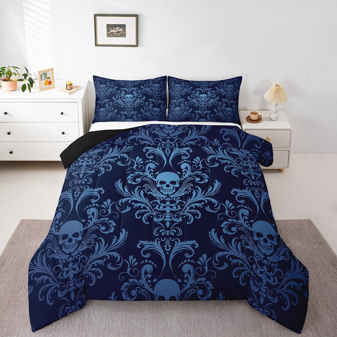 Adults Teal Damask Bedding Set Antique Victorian Baroque Comforter Set Full Size,Gothic Vintage Floral Quilt Exotic Sugar Skull Duvet Insert,Gothic Bone Skeleton Bohemian Decor,Blue