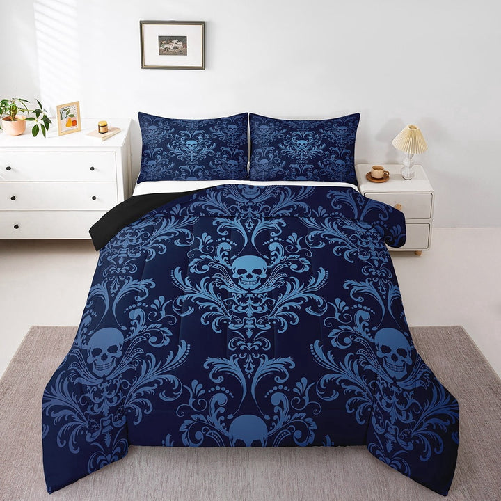 Adults Teal Damask Bedding Set Antique Victorian Baroque Comforter Set Full Size,Gothic Vintage Floral Quilt Exotic Sugar Skull Duvet Insert,Gothic Bone Skeleton Bohemian Decor,Blue