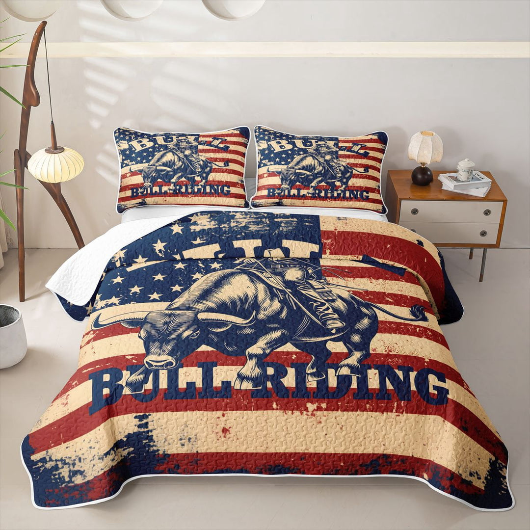 Manfei Western Cowboy Quilt Full,Bull Riding Letter Full Bedspread Sets,Red Blue Us Flag Decor,3pcs