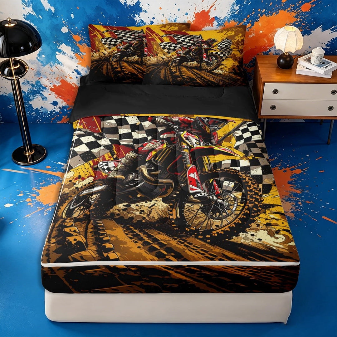 meiyoeat Grunge Motocross Zipper Twin Comforter Sets with Fitted Sheet and 2 Pillowcases for Teens,Muddy Track Flags Zipper Bedding Set,Red Yellow,Reversible