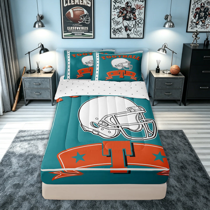 meiyoeat Football Letter T Zipper Comforter Set with Fitted Sheet and 2 Pillowcases for Kids, Touchdown Print Zipper Bedding Set, Teal, Reversible, 3 Pieces