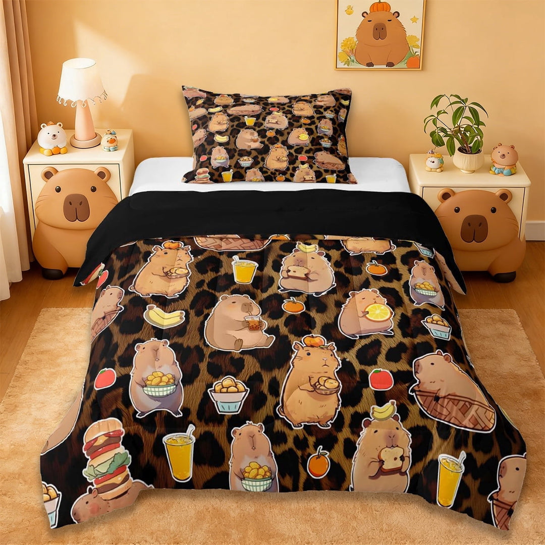 Erosebridal Rodent Animal Capybara Twin Comforter Sets,Brown Cheetah Pattern Bedding Set For Girls Kids ,Reversible Black 2pcs