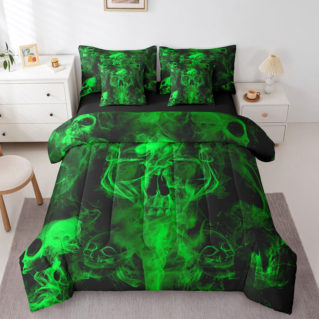 Green Skull Comforter Set Full 7 Piece Gothic Skeleton Halloween Bedding Set With Sheets Teen Men Hippie Smoke Bed In A Bag Goth Skull Bed Set Reversible