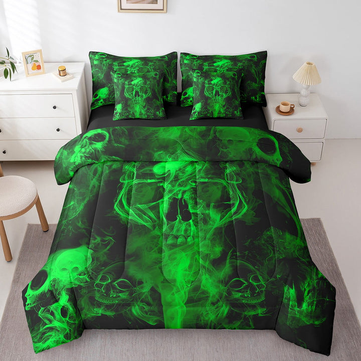 Green Skull Comforter Set Full 7 Piece Gothic Skeleton Halloween Bedding Set With Sheets Teen Men Hippie Smoke Bed In A Bag Goth Skull Bed Set Reversible