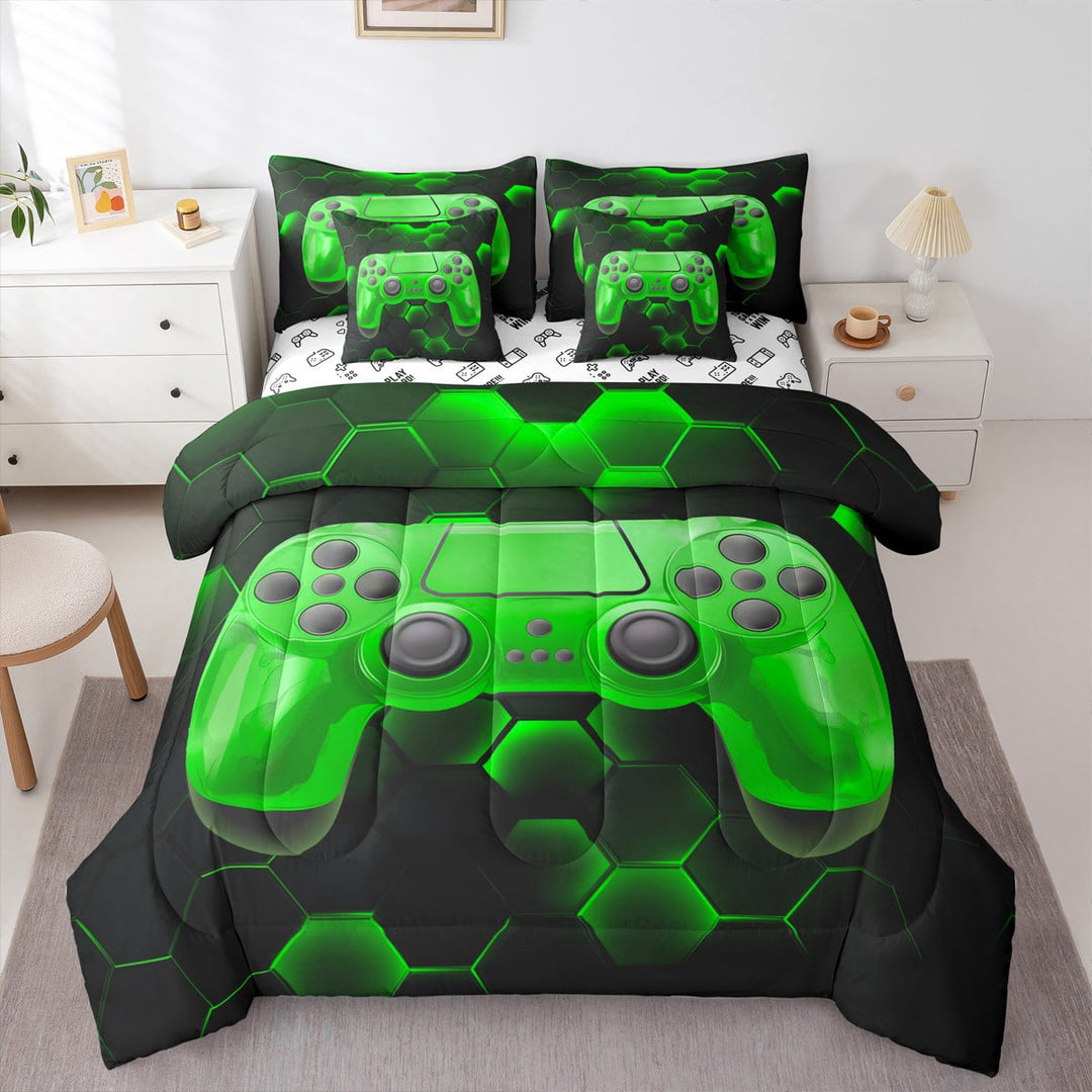 Erosebridal Teens Gamepad Bedding Twin Size, Video Gaming Bed in a Bag Twin size, Neon Honeycomb Decor, Reversible 7pcs