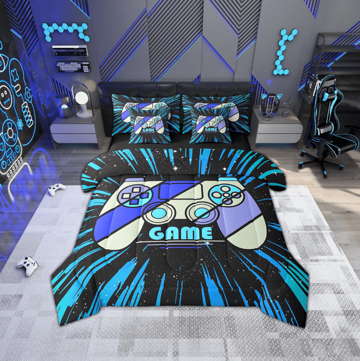 Erosebridal Gradient Gamepads Bedding Sets Twin Size,Video Game Comforter Sets with Sheets,Abstract Geometric Bed in a Bag Twin size,Breathable Gamer Room Decor,Reversible,7-Piece