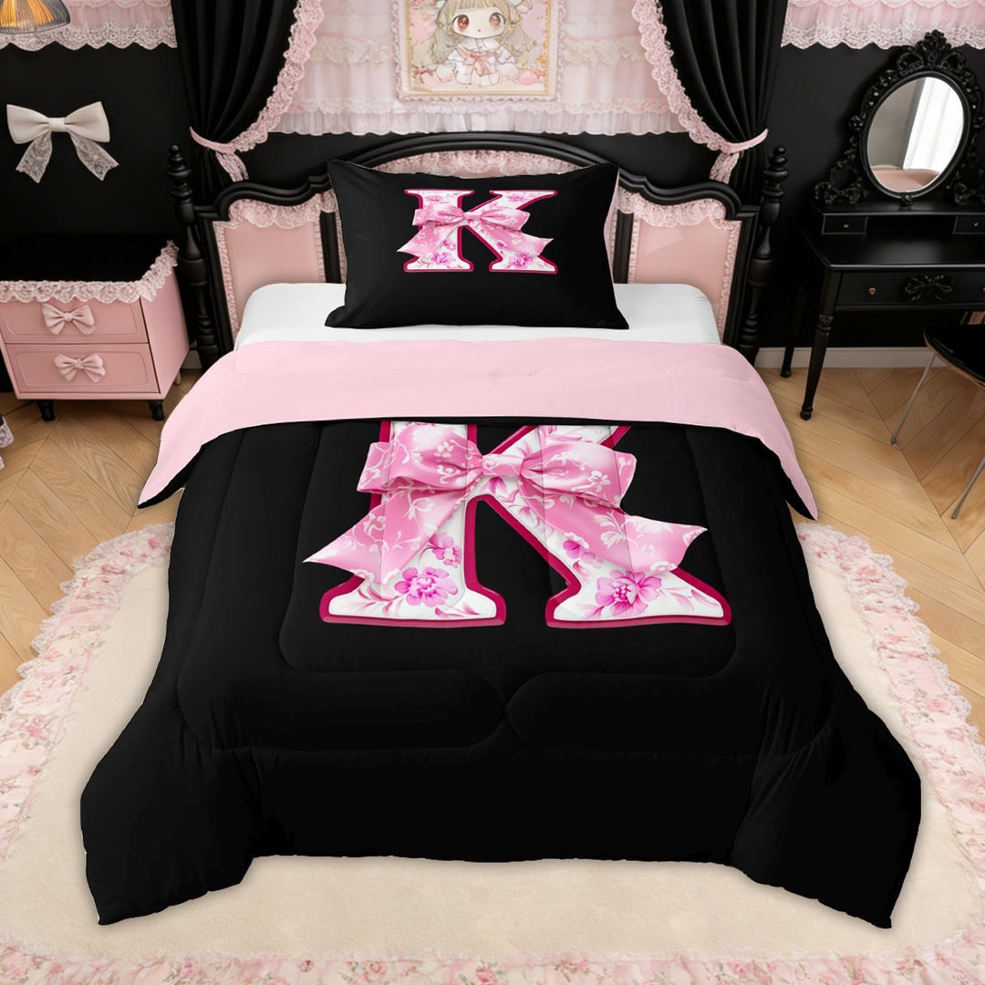 Erosebridal Pink Floral Letter K Bow Twin Comforter Sets for Girls Women, Princess Bowknot Bedding Set, Reversible, 2pcs