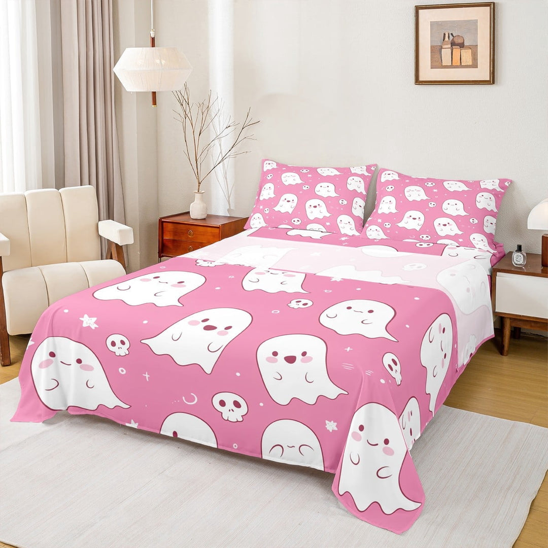 jejeloiu Pink Lovely Ghost Queen Sheet Sets,Halloween Skull Skeleton Flat Sheet,Pink White Queen Fitted Sheet,Lightweight Room Decorative,4 Pieces
