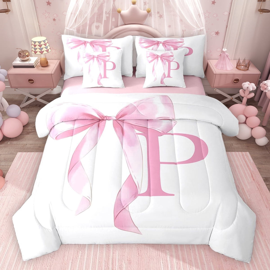 Erosebridal Girls Pink Bow Twin Bedding Sets, P Letter Bedding Comforter Set, Princess Style Bedroom Decor, Pink Reversible 7pcs