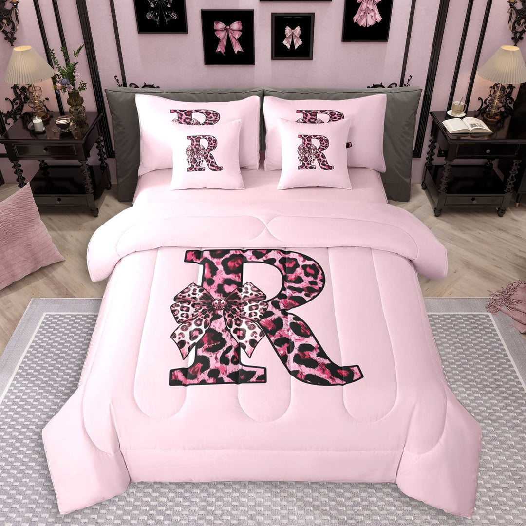 Erosebridal Girls Black Pink R Letter Monogrammed Twin Bedding Sets 7-Piece,Kids Cheetah Print Bow Tie Bedding Comforter Set,Pink Reversible