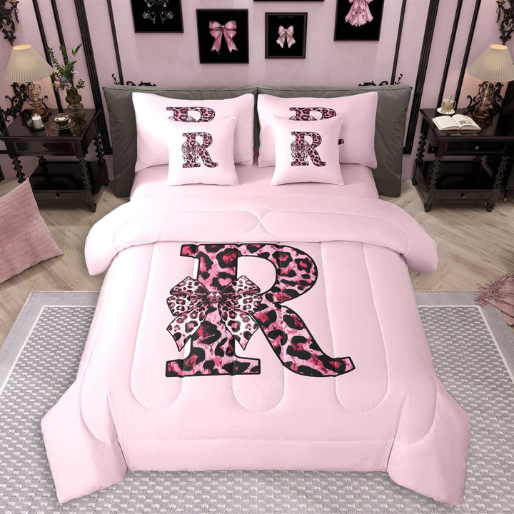 Erosebridal Girls Black Pink R Letter Monogrammed Twin Bedding Sets 7-Piece,Kids Cheetah Print Bow Tie Bedding Comforter Set,Pink Reversible