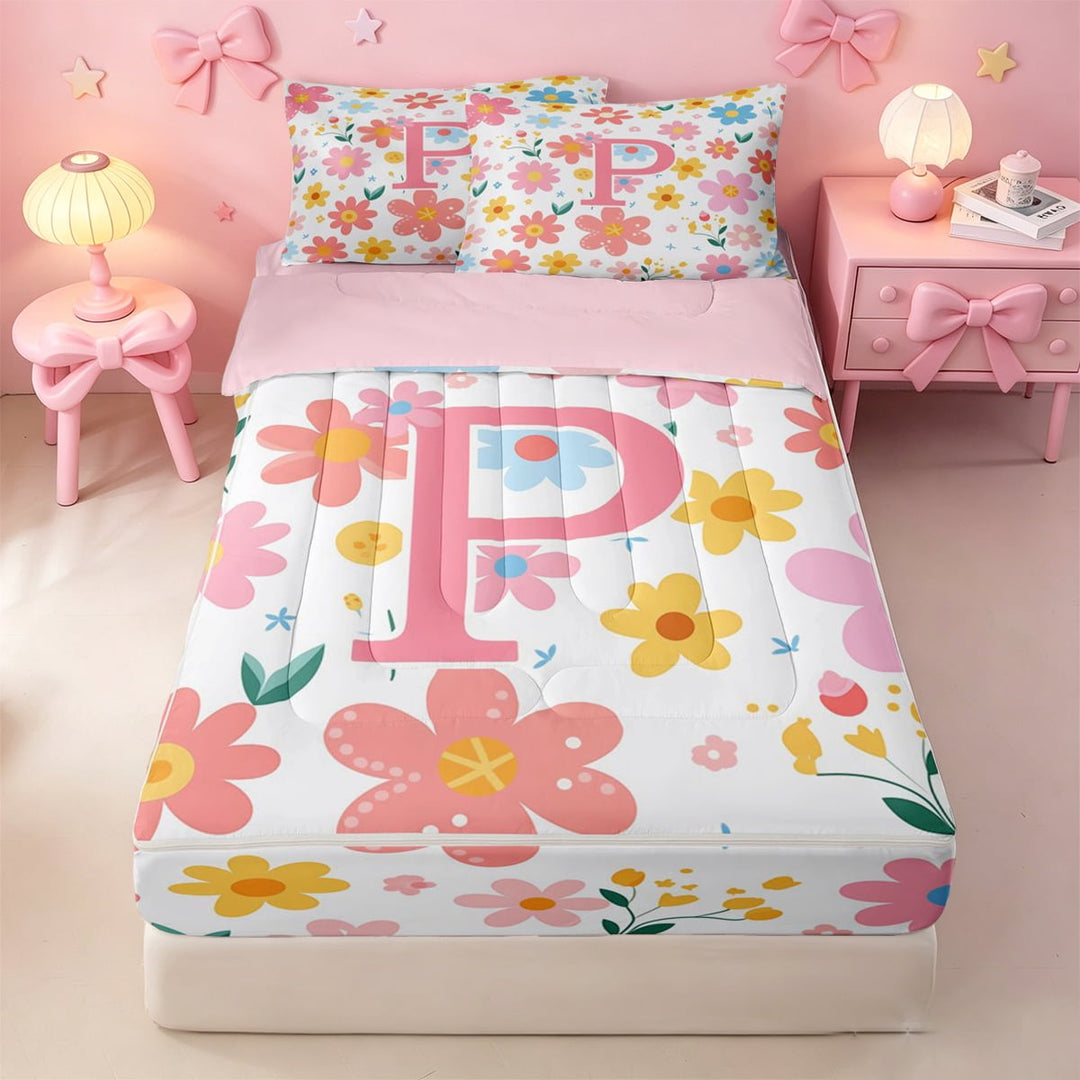 meiyoeat Colorful Flower P Initial Print Zipper Twin Comforter Sets with Fitted Sheet and 2 Pillowcases For Kids,Cartoon Spring Floral Zipper Bedding Set For Girls,pink Reversible,4 Pieces