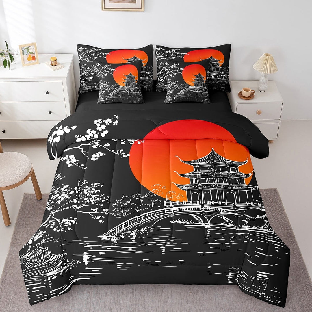 7 Piece Japanese Style Bedding Set Bed In A Bag,Cherry Blossom Comforter Set Full Size Teens Adult Bedroom,Vintage Flower Floral Sheet Set Ukiyo-E Bedding Comforter Sets,Black