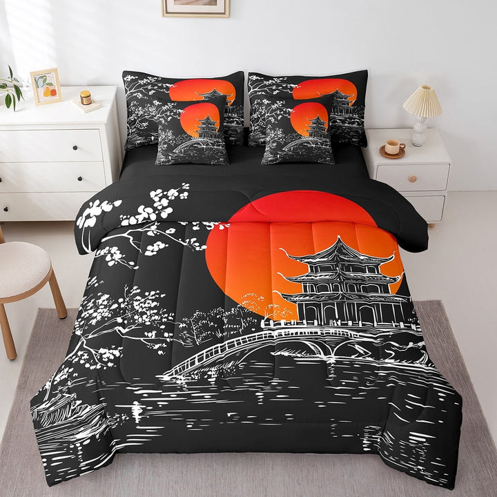 7 Piece Japanese Style Bedding Set Bed In A Bag,Cherry Blossom Comforter Set Full Size Teens Adult Bedroom,Vintage Flower Floral Sheet Set Ukiyo-E Bedding Comforter Sets,Black
