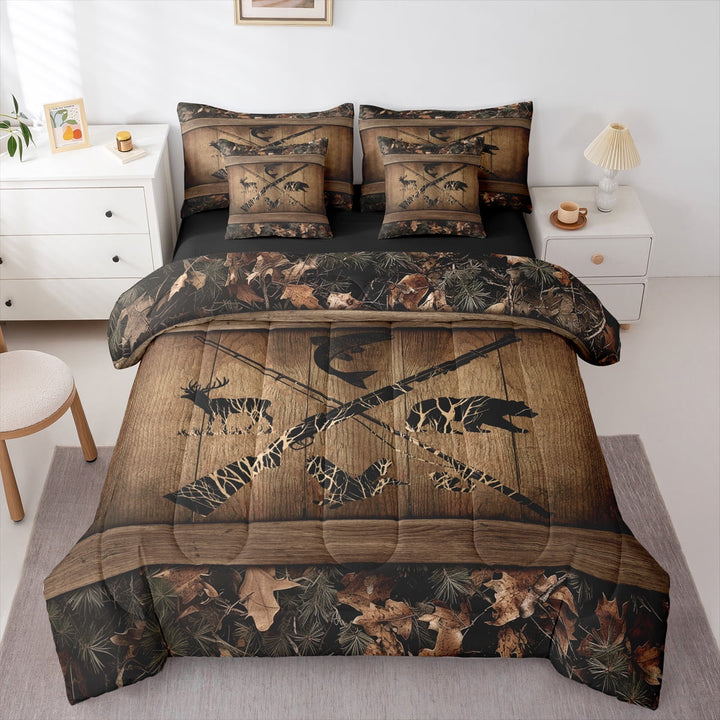 Erosebridal Rustic Farmhouse Bedding Sets 7 Piece Retro Camo Cabin Lodge Comforter Set Queen Hunting And Fishing Bed In A Bag Adults Men Wildlife Bear Deer Fish Duck Sheet Set With Comforter