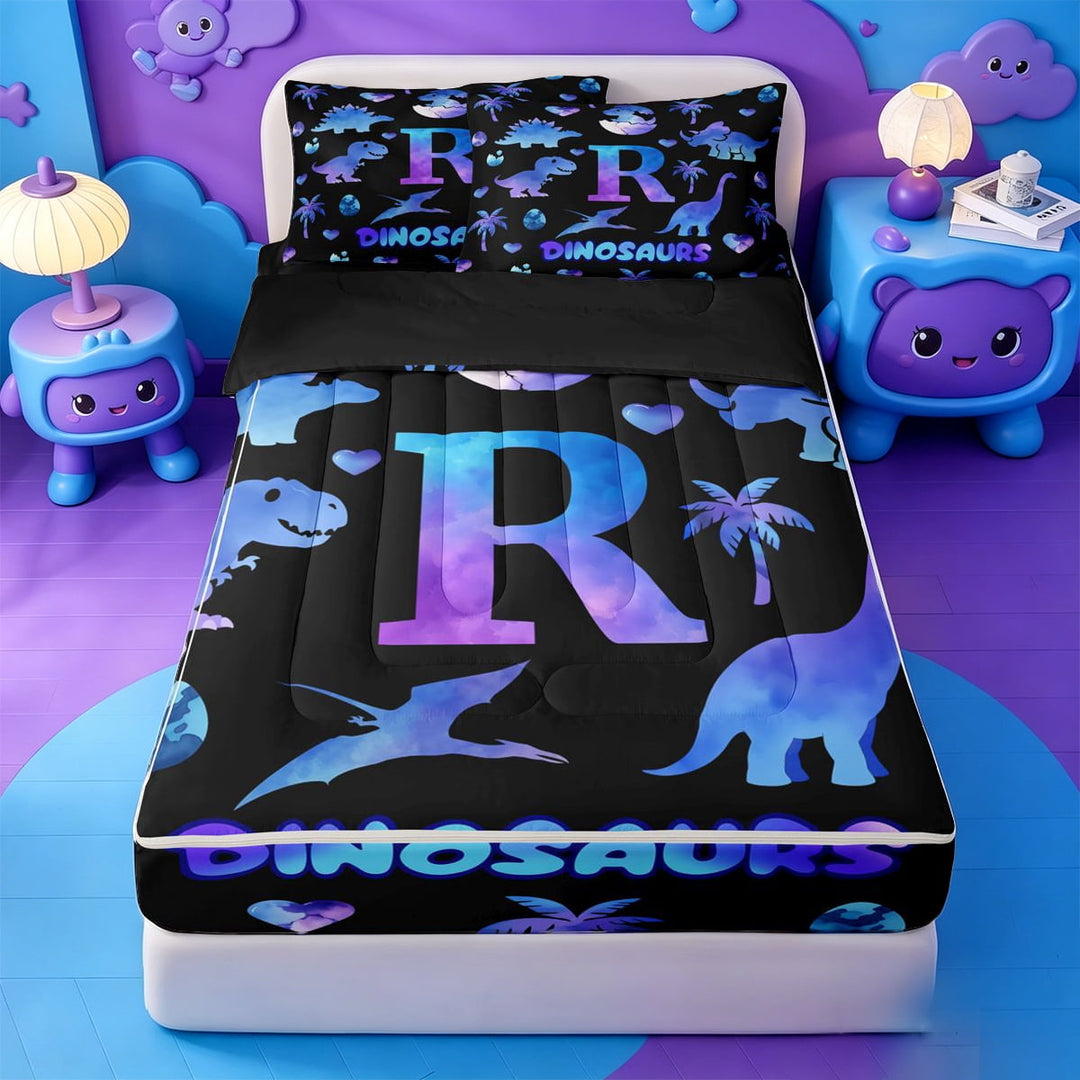 meiyoeat Dino Watercolor Monogram R Zipper Twin Comforter Sets with Fitted Sheet and 2 Pillowcases For Boys,Dino Themed Initial Zipper Bedding Set,Black Reversible,4 Pieces