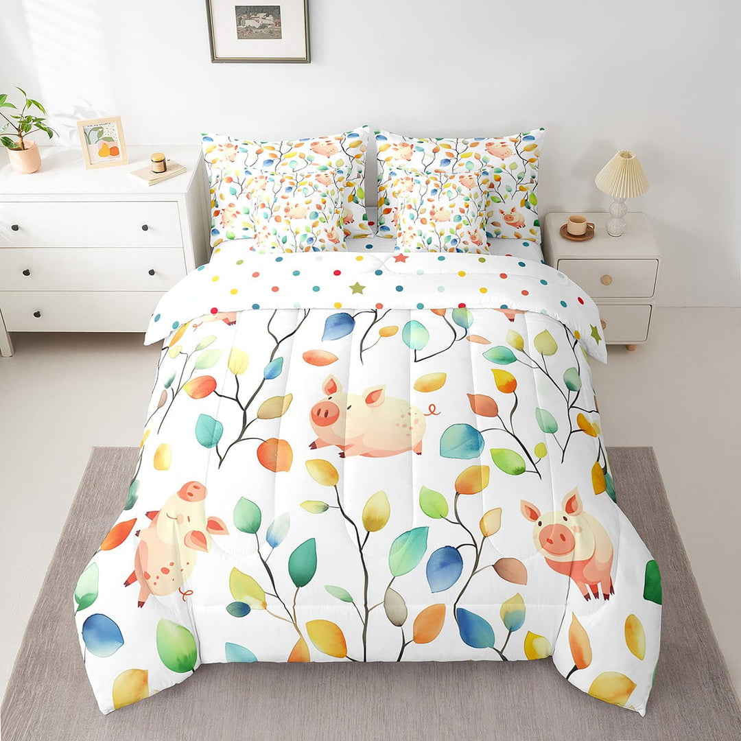 7-Piece Funny Pig Bedding Comforter Sets for Kids Boys Girls Boho Floral Bed in a Bag, Colorful Leaves Twin Bedding Sets Abstract Watercolor Plant Comforter Set, Farm Animal Bedding Sets &amp; Collections