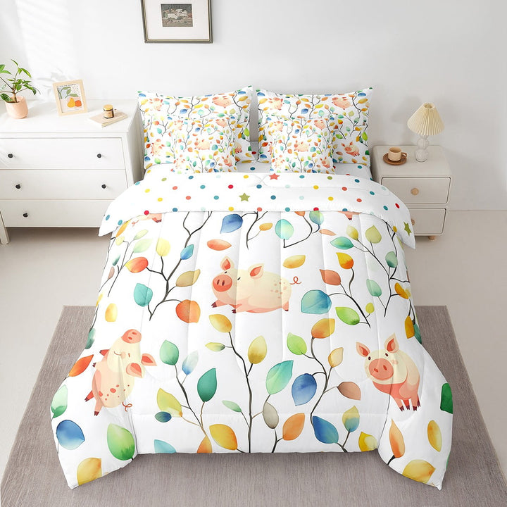 7-Piece Funny Pig Bedding Comforter Sets for Kids Boys Girls Boho Floral Bed in a Bag, Colorful Leaves Twin Bedding Sets Abstract Watercolor Plant Comforter Set, Farm Animal Bedding Sets &amp; Collections