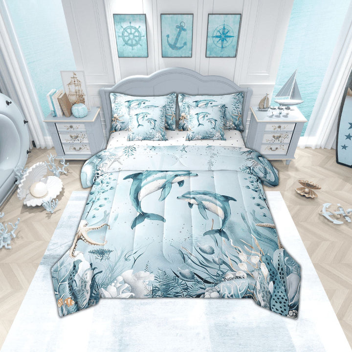 Dolphin Bed in a Bag Queen Comforter Set 7 Piece,Teal Blue Ocean Beach Coastal Bedding Set Starfish Octopus Tentacles Sheet Sets with Comforter Underwater Creature Coral Bed Set