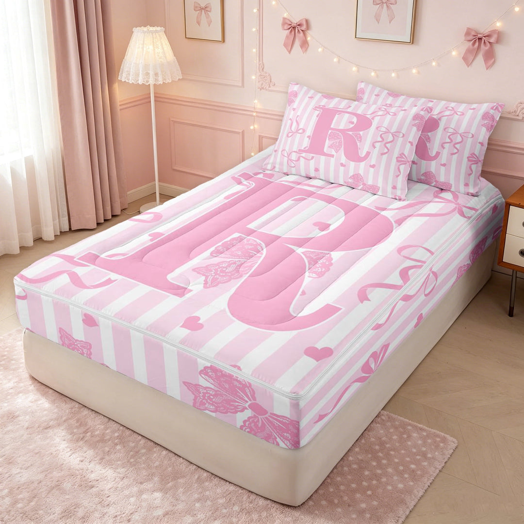 meiyoeat Girly Pink R Letter Zipper Twin Comforter Sets with Fitted Sheet and 2 Pillowcases for Girls, Bow Stripe Love Heart Zipper Bedding Set, Pink Reversible, 4-Piece
