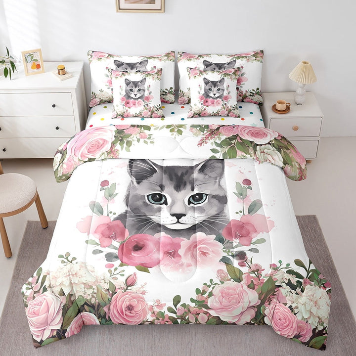 Erosebridal Cute Cat Bed in a Bag 7pcs Kitten Bedding Set, Animal Themed Twin Size Comforter Set Colorful Flower Floral Bedding Comforter Sets, Pink Roses Bed Set Pink Blossoms Decor