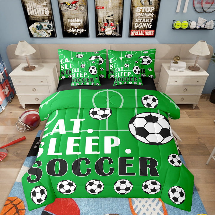 Soccer Twin Comforter Set with Sheets Sports Bedding Sets Football Bed in a Bag Soccer Ball Games Bed Set Football Room Decor Sheets Teen 7 Pcs Green