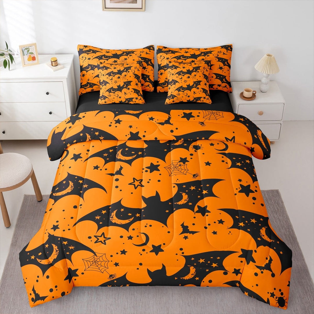 jejeloiu Spooky Halloween Bat Bedding Comforter Set 7 Pieces,Trick Or Treat Full Bedding Set,Black Spider Webs Fitted Sheet Flat Sheet For Children,Microfiber Bedroom Decor Reversible