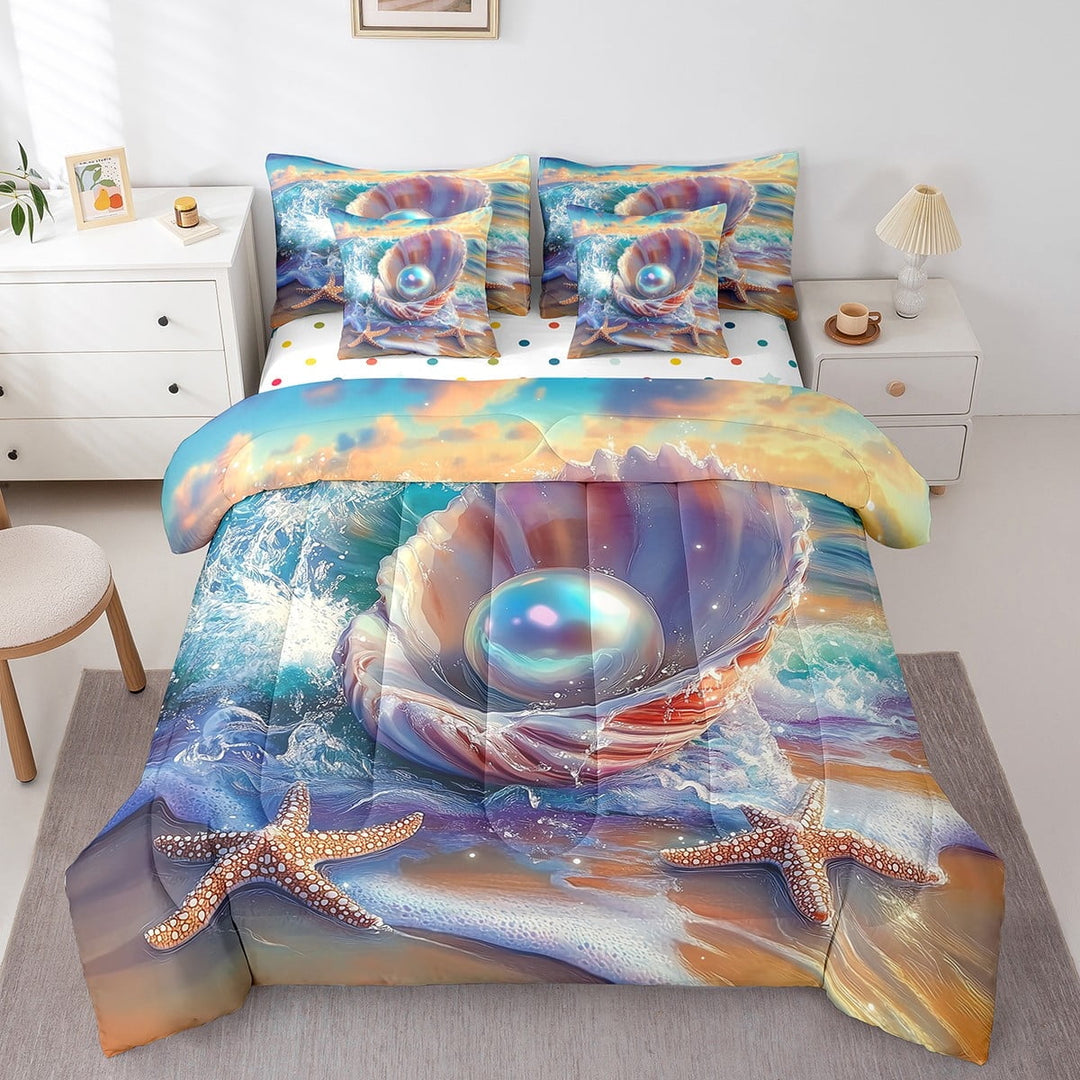Erosebridal 3D Starfish Bedding Twin Size, Chic Pearl Bedding Sets Twin Size, Coastal Beach decor, Reversible 7 Pieces