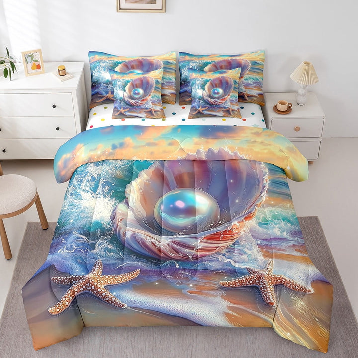 Erosebridal 3D Starfish Bedding Twin Size, Chic Pearl Bedding Sets Twin Size, Coastal Beach decor, Reversible 7 Pieces