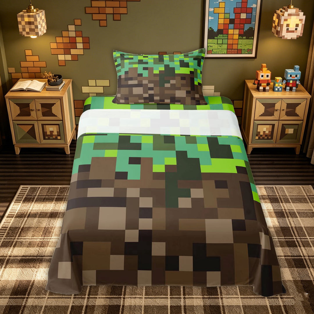 meiyoeat Vintage Grass Block Bed Sheets for Kids, Game Pixel Terrain Full Size Sheets for Bedroom, Green Brown, 4pcs
