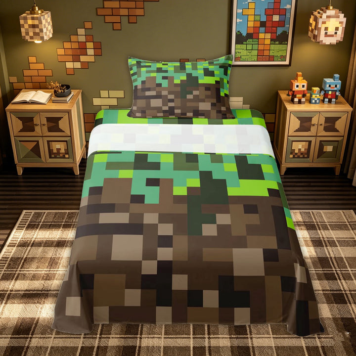 meiyoeat Vintage Grass Block Bed Sheets for Kids, Game Pixel Terrain Full Size Sheets for Bedroom, Green Brown, 4pcs
