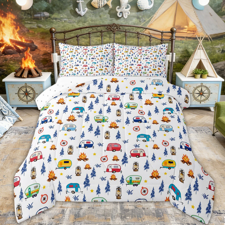 Erosebridal Colorful RV Car Campfire Queen Comforter Set, Camping Compass Bedding Comforter Set for Men and Women, 3-Piece