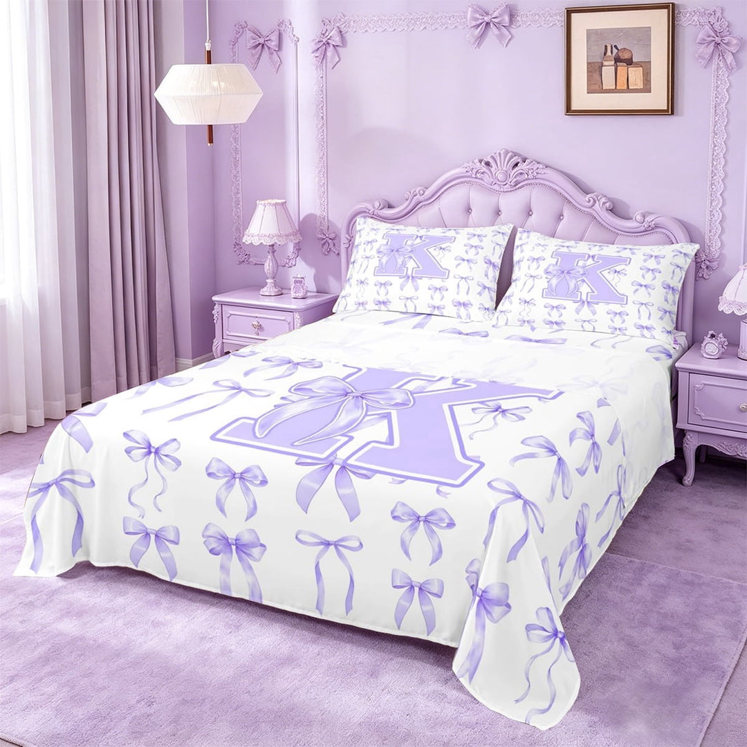 Manfei Lavender Bow Full Size Sheets For Girls,Purple Letter K Initial Bed Sheets For Kids,4 Pieces