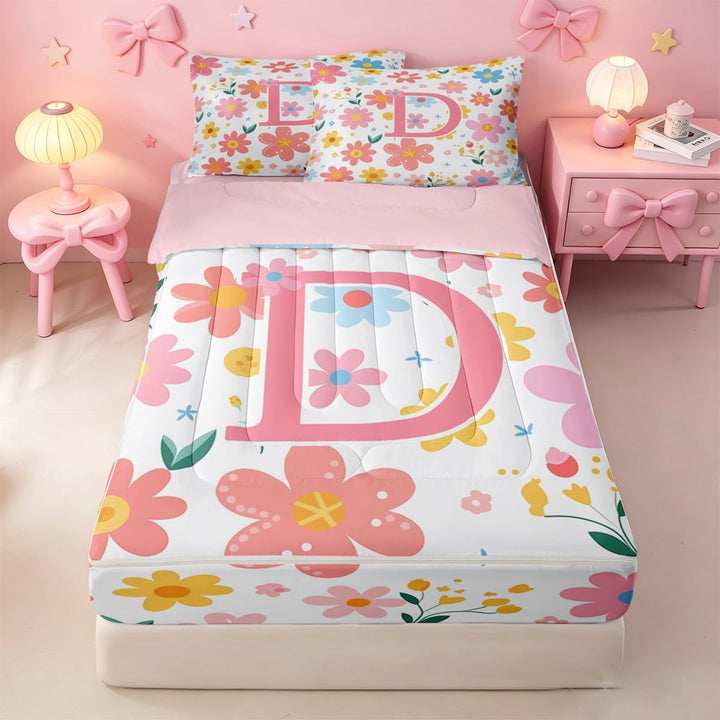 meiyoeat Cartoon Spring Flowers Zipper Twin Comforter Sets with Fitted Sheet and 2 Pillowcases For Kids,Colorful Floral D Initial Print Zipper Bedding Set For Girls,pink Reversible,4-Piece