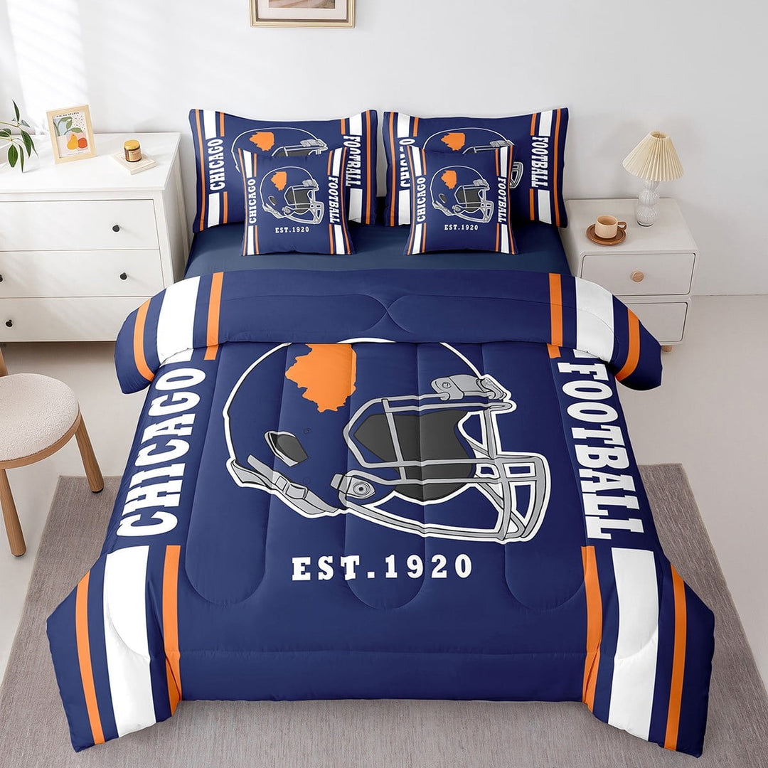 Erosebridal American Football City Bedding Sets Twin Size,Chicago Comforter Sets with Sheets,Blue Rugby Helmet Bed in a Bag Twin Size For Boys,Lightweight Room Decoration Reversible,7-Piece