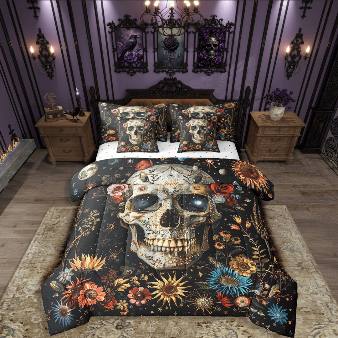 Manfei Floral Skull Bedding Queen Size,Gothic Style Comforter Sets with Sheets,Happy Halloween Bedding Sets Queen Size,Ultra Soft Exotic Bedroom Decorative,Reversible,7pcs
