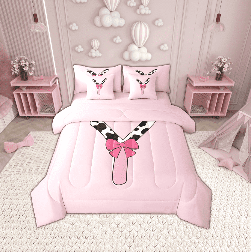 Erosebridal Initial Monogrammed Bedding Sets Twin Size,Bowknot Cow Print Comforter Sets with Sheets,Ultra Soft Reversible Bed in a Bag Twin size,Kawaii Room Decorative,7pcs