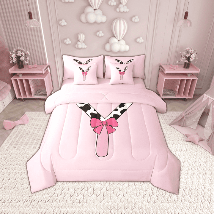 Erosebridal Initial Monogrammed Bedding Sets Twin Size,Bowknot Cow Print Comforter Sets with Sheets,Ultra Soft Reversible Bed in a Bag Twin size,Kawaii Room Decorative,7pcs