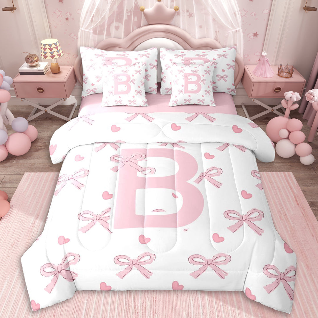 Erosebridal Pink Letter Monogrammed B Twin Bedding Sets 7-Piece,Girls Kawaii Love Heart Bow Knot Bedding Comforter Set,Pink Reversible,Super Cozy Room Decor