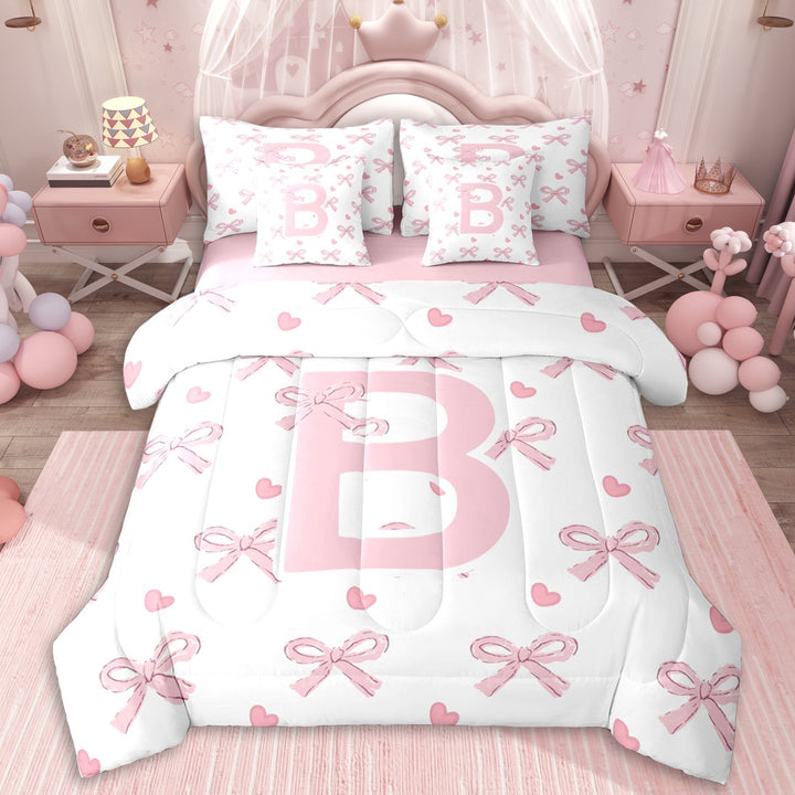 Erosebridal Pink Letter Monogrammed B Twin Bedding Sets 7-Piece,Girls Kawaii Love Heart Bow Knot Bedding Comforter Set,Pink Reversible,Super Cozy Room Decor