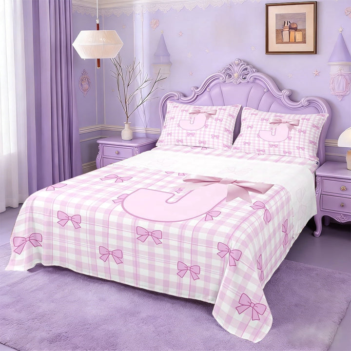 Erosebridal Fashion Bow Tie Full Size Sheets For Girls,Pink Plaid Letter J Initial Monogram Bed Sheets 4-Piece
