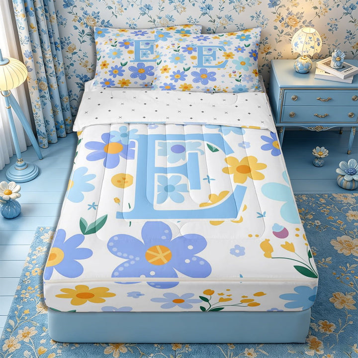 Meiyoeat Delicate Wildflower Letter E Zipper Full Size Comforter Sets with Fitted Sheet and 2 Pillowcases for Girls Children, Cute Art Zipper Bedding Set for Bedroom, Light Blue Yellow White,4pcs