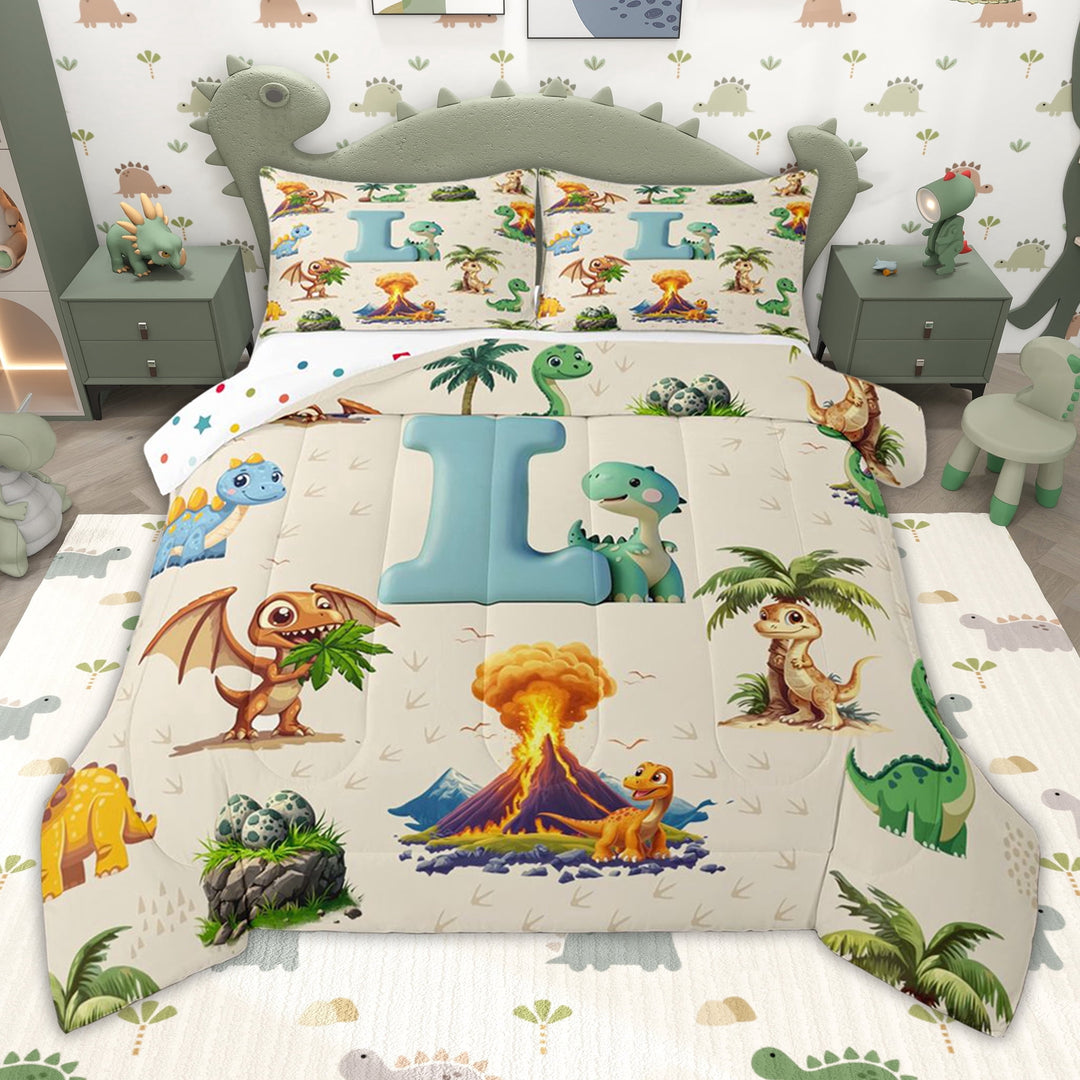 Erosebridal Jungle Dinosaur Twin Comforter Sets, Blue Initial BLLetter Bedding Set for Kids Girls Boys, Polka Dots Reversible, 2-Piece