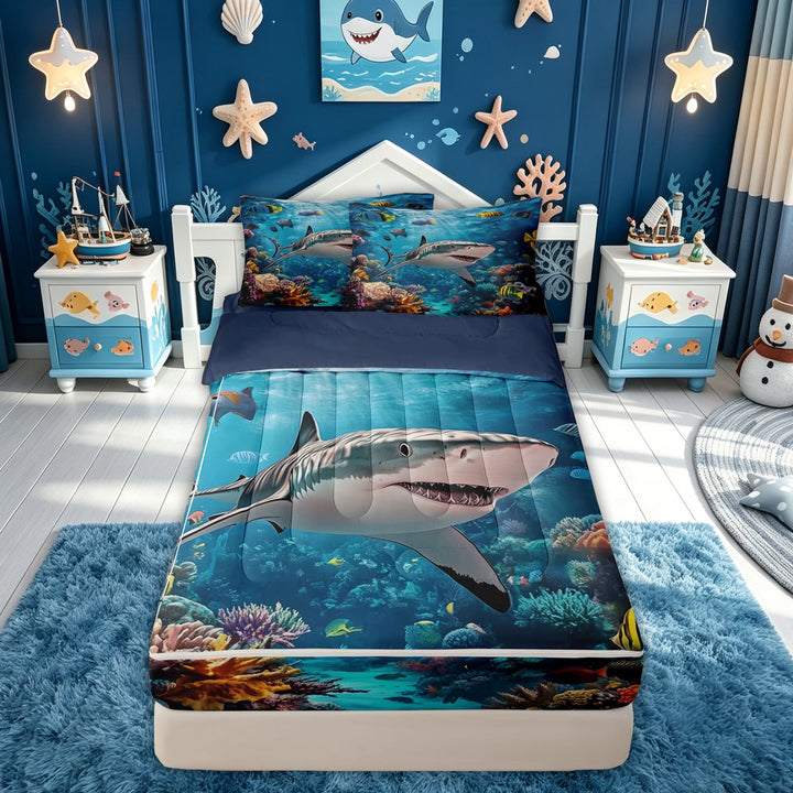 meiyoeat Reef Shark Fish Zipper Comforter Set with Fitted Sheet and 2 Pillowcases for Kids Boys Girls, Tropical Coastal Coral Animal Zipper Bedding Set, Blue, Blue Reversible, 3 Pieces
