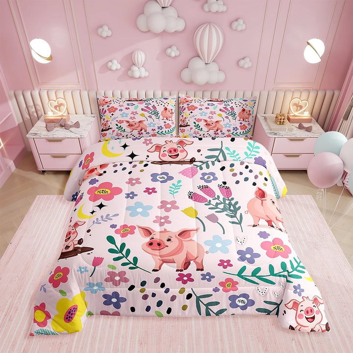 Full Pig Comforter Set,Cartoon Animal Bedding Set ,Cute Pig Woodland Comforter Sets,Cute Farm Piggy Duvet Insert with 2 Pillowcases,Reversible Pink