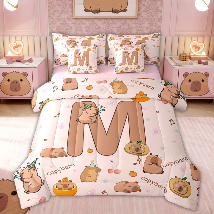 Erosebridal Kids Capybara Lover Twin Bedding Sets, Initial M Letter Bedding Comforter Set, Pink Reversible, 7 Pieces