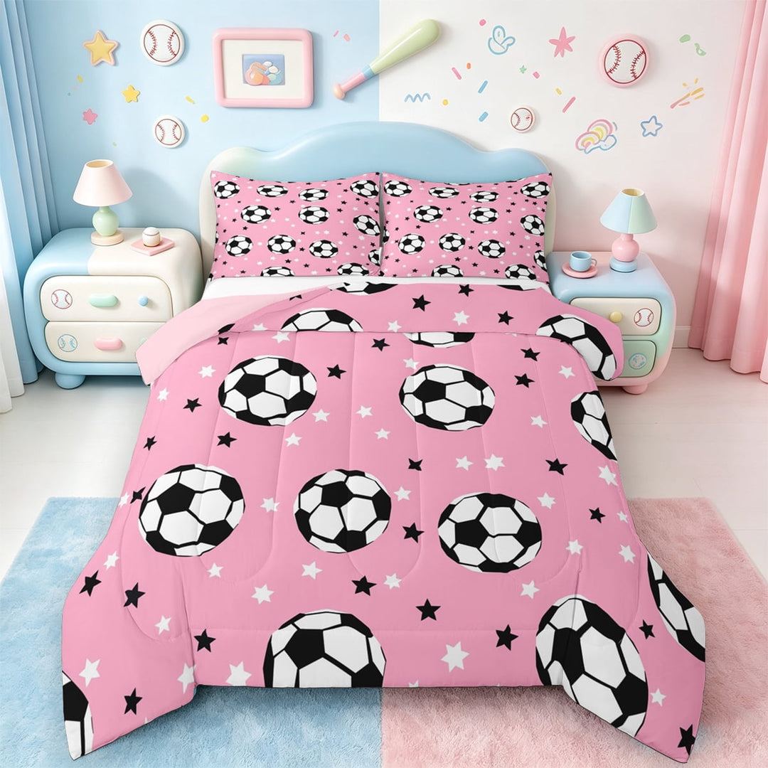 Manfei Girls Football Soccer Full Size Comforter Sets,Ball Sport Theme Bedding Comforter Set,Pink White Black Bedding Sets For Kids Boy,Microfiber Bedroom Decor Reversible,3 Pieces