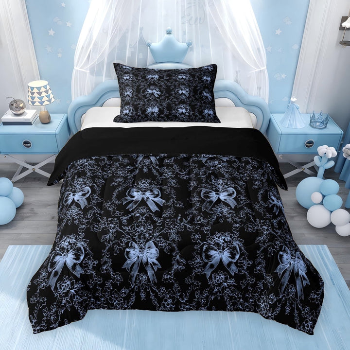 Erosebridal Dreamy Bow-Tie Twin Comforter Sets for Girls, Blue Black Bedding Set, Black Reversible, 1 Comforter and 1 Pillowcase