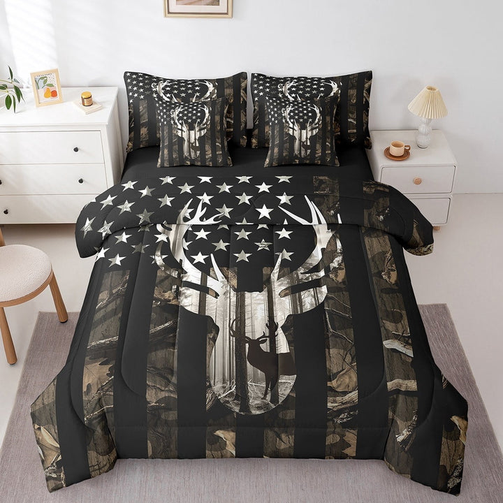 Erosebridal Hunting Deer Bed in a Bag King size, American Flag Bed Set, Rustic Farmhouse Reversible Bedding King Size, Breathable Bedroom Decorative, 7-Piece